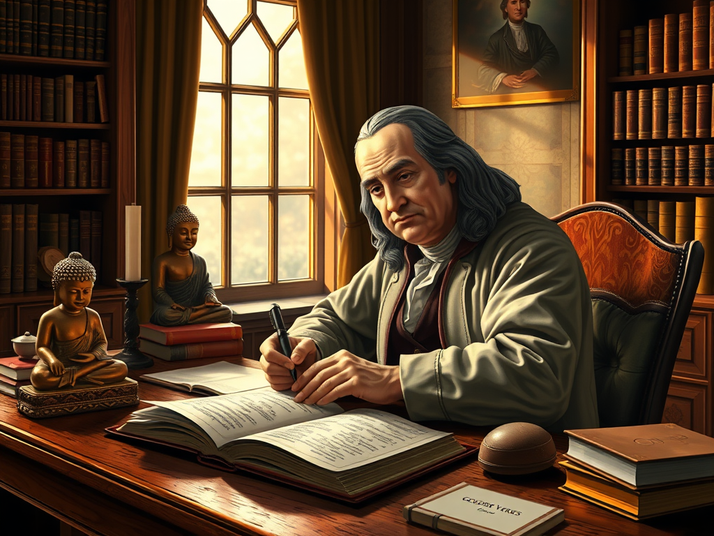 Ben Franklin with Pythagoras' Golden Verses and a Buddha statue, representing Franklin's philosophy
